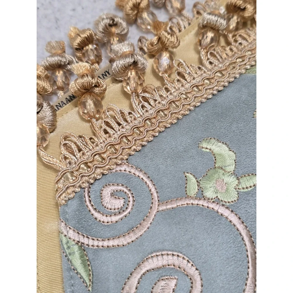 Canaan Company Sage Green Faux Suede Embroidered Floral Beaded Tassel Table Run